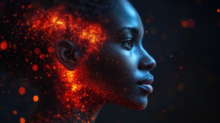 Fiery Woman Portrait, Dark Studio, Embers, Sparkles, Abstract Art