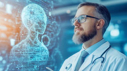 doctor contemplating future of healthcare with AI technology, showcasing digital representation of human figure. scene reflects innovation and integration of artificial intelligence in medicine