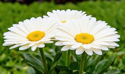 Obraz premium A close-up of beautiful white daisies with vibrant yellow centers, glistening with morning dew, showcasing nature's freshness.