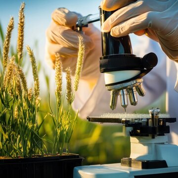 Scientist examining wheat sample with microscope in field at sunset; agricultural research