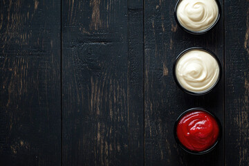 Fototapeta premium Ketchup and Mayonnaise in Rustic Bowls on a Wooden Table
