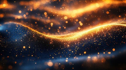 Golden wave particles, dark background, bokeh, abstract, digital art, design element