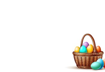 Colorful Easter eggs in a wicker basket on a white background with copy space