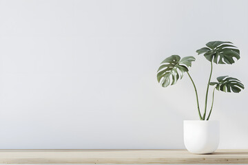 Beautiful monstera flower in a white pot stands on a wooden table on a white background. The concept minimalism. Hipster scandinavian room interior. Empty white wall and copy space.