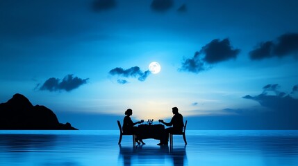 Obraz premium Fancy dinner cruise, romantic couple under the moonlight, 3D illustration