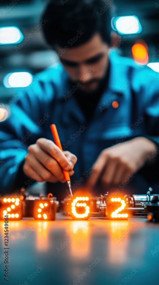 Poster focused worker assembling digital displays with led numbers in industrial workshop