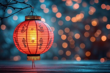 A glowing red lantern with decorative patterns against a blurred bokeh background.