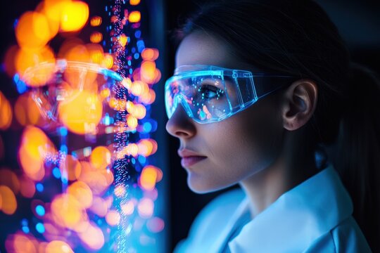Female Scientist in Neon Glasses Contemplating Abstract Data in a High-Tech Environment