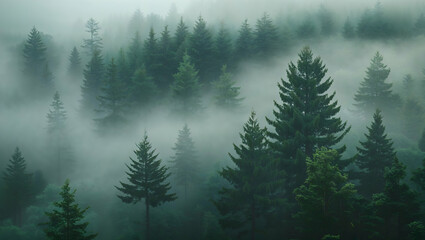 Fototapeta premium An atmospheric image showcasing a dense forest shrouded in mist with towering trees and soft diffused light creating a mysterious and serene natural scene