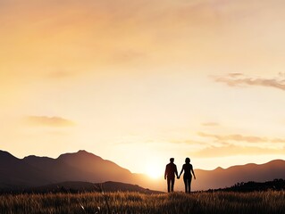 Fototapeta premium Mountain view, couple holding hands in a peaceful nature scene, 3D illustration