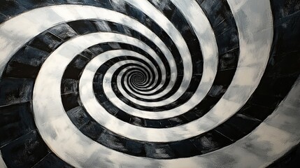 Hypnotic black-and-white swirls twist and turn, evoking a sense of movement. 