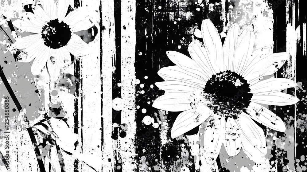 Poster dramatic black and white floral image with splatter paint effects grunge textures and a moody ethere