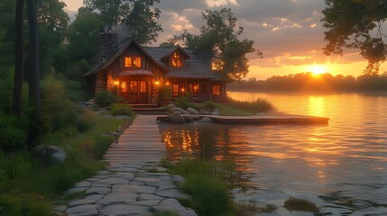 Fototapeta premium Lakeside log cabin at sunset, illuminated windows, stone path to dock.