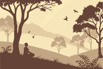 Naklejka premium Silhouette of person meditating in forest, mystical foggy landscape, golden sunset through trees, ethereal atmosphere, birds flying in sky, surreal nature scene, tranquil mood, spiritual awakening,