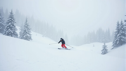 A skier navigates through a snowy landscape, showcasing winter sports and adventure.