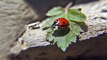 Ladybug on a green leaf in sunlight