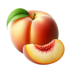 Isolated peach fruits. One whole fresh peach and a slice and leaf isolated on white background with clipping path.