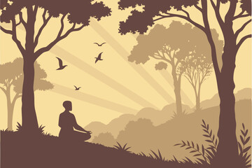 Silhouette of person meditating in forest, mystical foggy landscape, golden sunset through trees, ethereal atmosphere, birds flying in sky, surreal nature scene, tranquil mood, spiritual awakening,