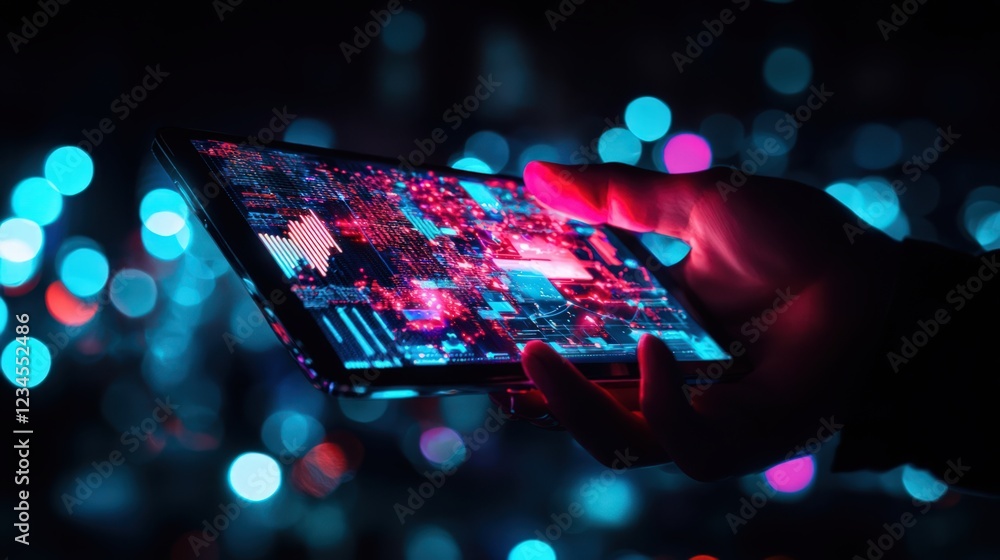 Poster hand holding smartphone displaying colorful digital data interface against dark background