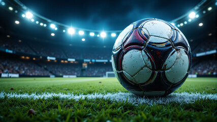 A vibrant soccer ball sits on the lush green field under stadium lights.