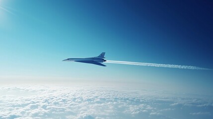 Supersonic aircraft soaring through clear blue skies, leaving a thin vapor trail