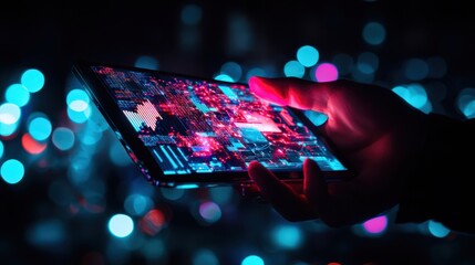 Obraz premium Hand Holding Smartphone Displaying Colorful Digital Data Interface Against Dark Background