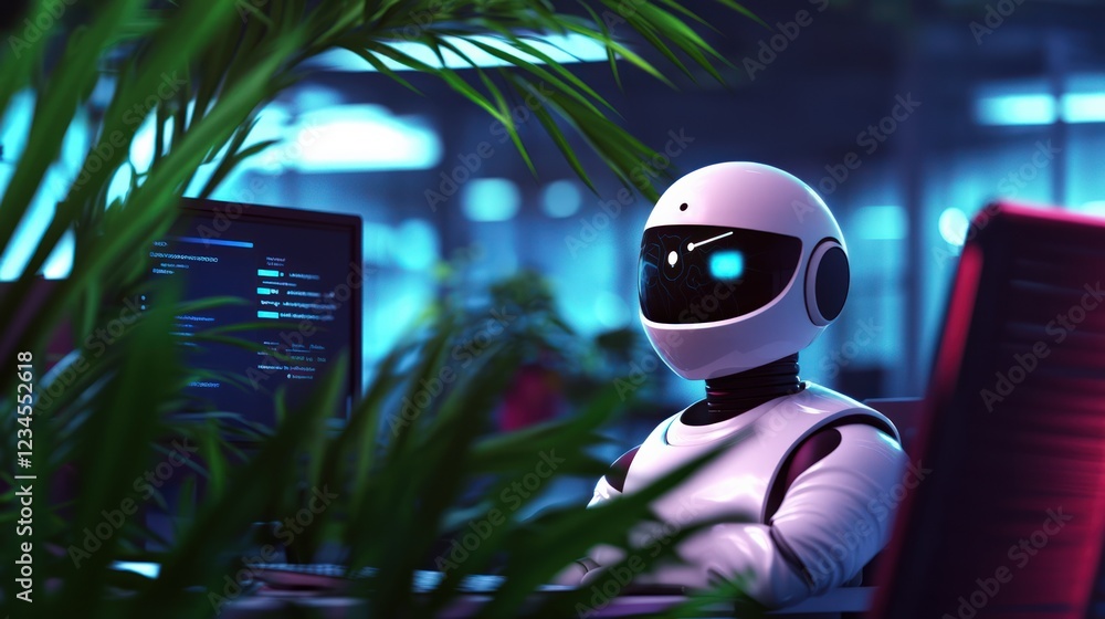 Poster futuristic robot with illuminated eyes working on computer surrounded by green foliage in modern off
