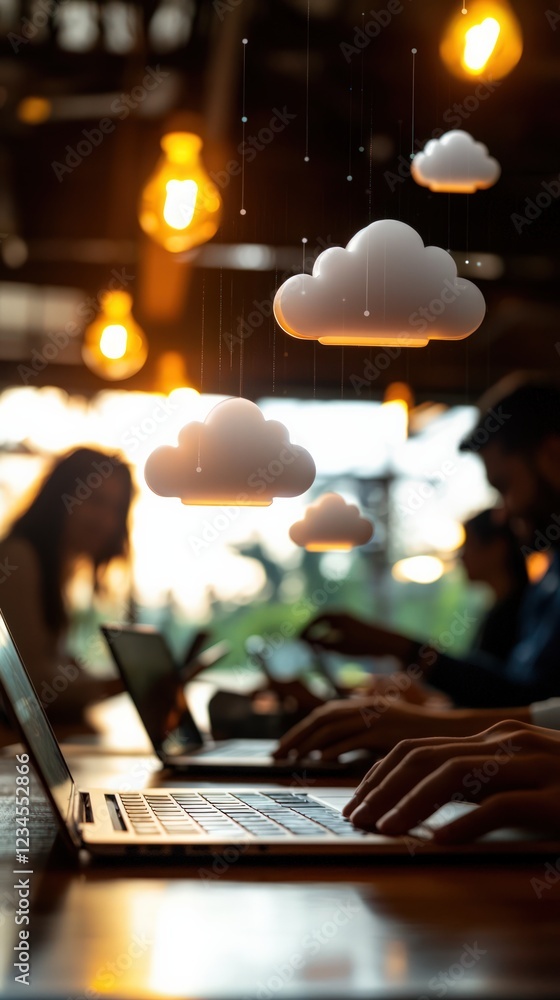 Poster hands typing on a laptop surrounded by floating clouds in a sunset office setting