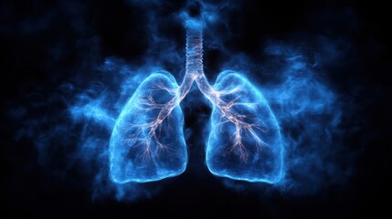 Lungs emitting smoke, anatomical representation, dark background, medical illustration