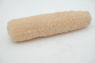 A close-up image of a natural loofah sponge, showcasing its fibrous, textured surface against white...