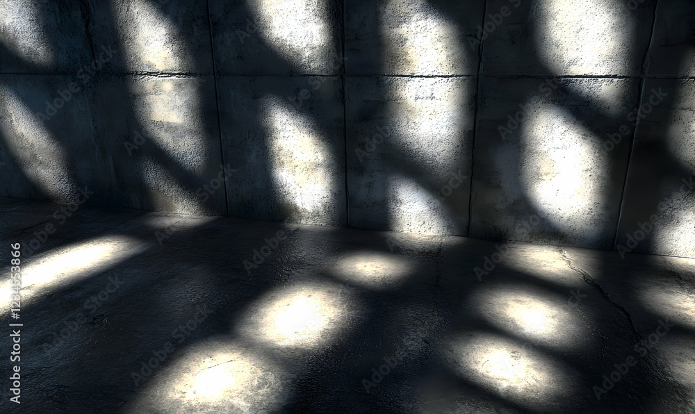 Poster dramatic light and shadow play on a textured concrete wall and floor, creating an abstract architect