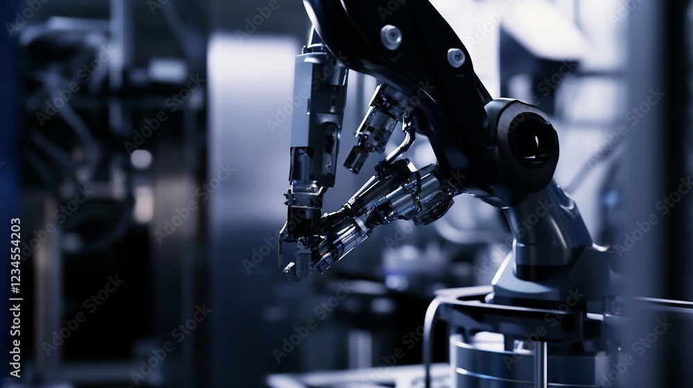 Poster close-up view of a sophisticated robotic arm in a modern industrial environment with metallic elemen