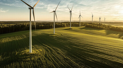 Wind turbines on a green field at sunset