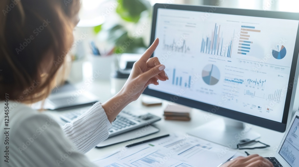 Poster businesswoman pointing at computer screen showing financial data charts and graphs, analyzing market