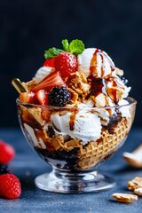 Delicious Ice Cream Sundae With Berries And Waffles