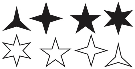 Various Star Shapes in Black and White. Isolated On Transparent Background.
