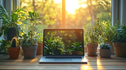 Sunset window laptop plants home office work