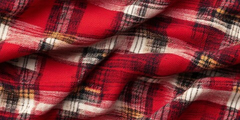 Red Plaid Fabric Texture: Close-up shot of red plaid fabric with intricate white and black stripes, exhibiting a soft, crumpled texture.
