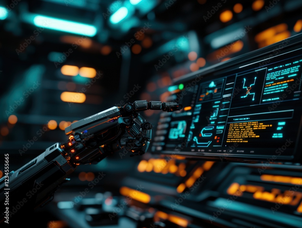 Poster robotic arm interacting with digital interface in a futuristic control room