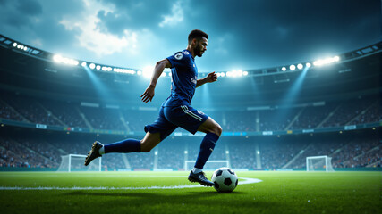 A skilled soccer player in a blue jersey sprints across the vibrant green field.