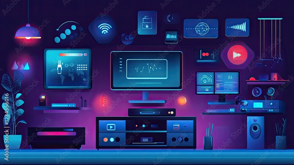 Poster smart home control center with various devices and screens displaying data and entertainment.