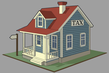 Miniature house model, property tax concept, blue wooden siding, red roof, TAX sign, detailed architecture, front porch, dormer window, brick chimney, grass base, studio lighting, soft shadows, pho