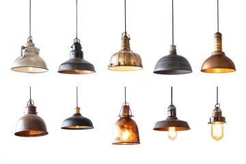 Vintage industrial pendant lights, studio shot, white background, interior design