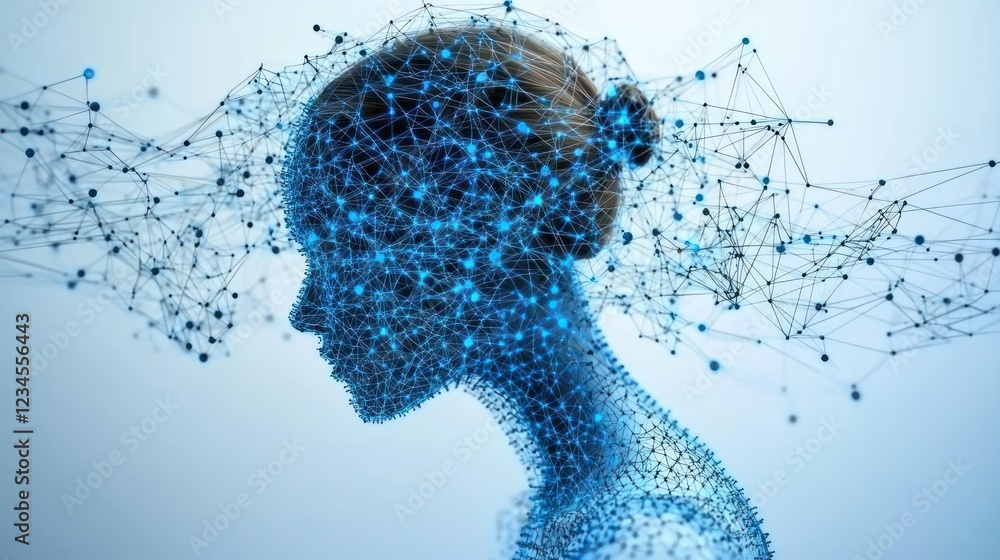Poster woman's profile with network data stream on light background