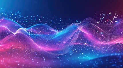 Abstract pink and blue wave with glowing particles, digital art background.