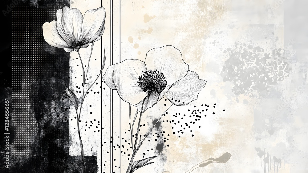 Poster elegant monochrome floral featuring delicate and ethereal blooming flowers with abstract botanical p