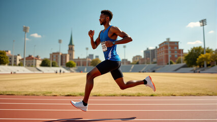 Fototapeta premium Athlete Sprinting on Track in Bright Stadium
