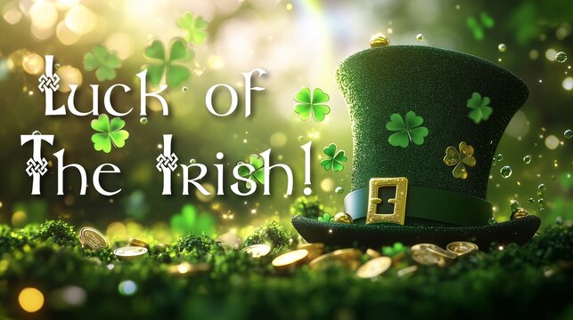 Shamrocks, Green Hat, and Ribbon with "Luck of the Irish!" Inscription for St. Patrick’s Day