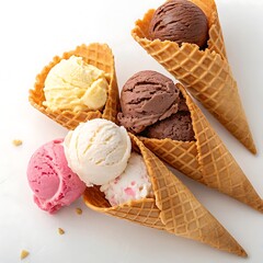 different sorts of ice cream scoop on waffle cone isolated on white Background