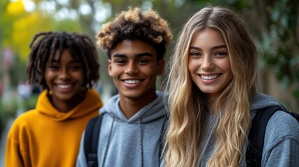 Happy teens smiling, city park background,  portrait